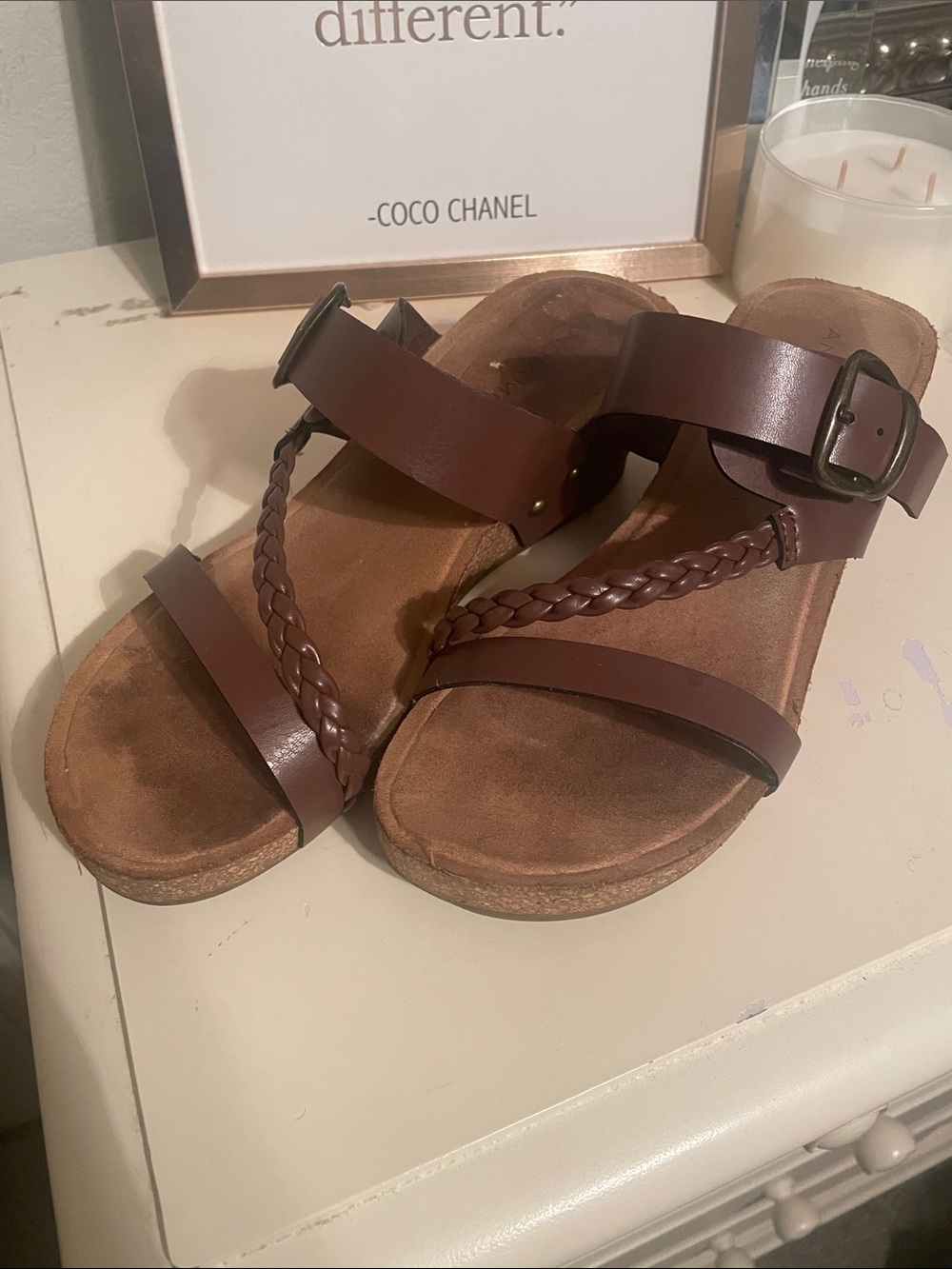 Braided Brown Leather-Look Slide Sandals with Buckle